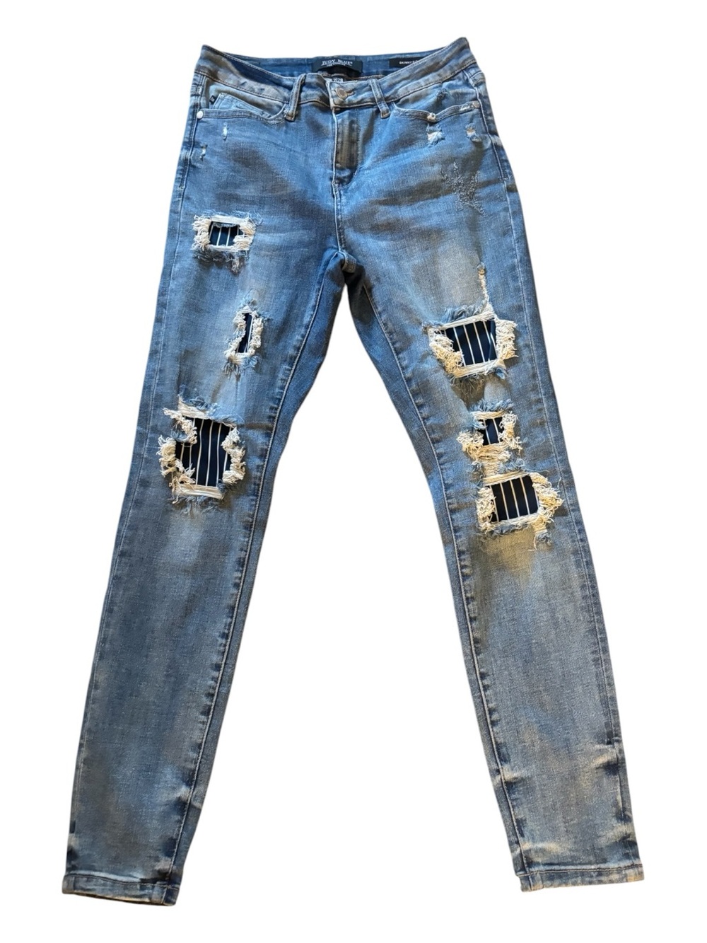 Judy Blue Light Blue Distressed Skinny Jeans with Stripe Patch Size 7-never worn